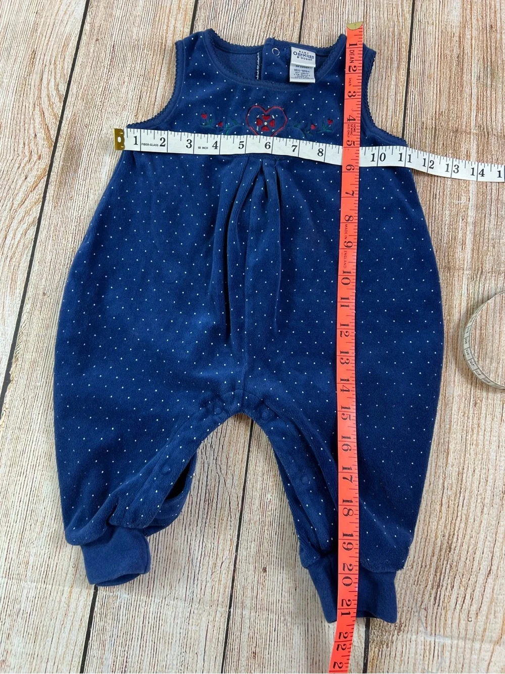 Vintage Oshkosh B’gosh Baby Velvet Polka Dot Romper Blue Embroidered 6-9 Months